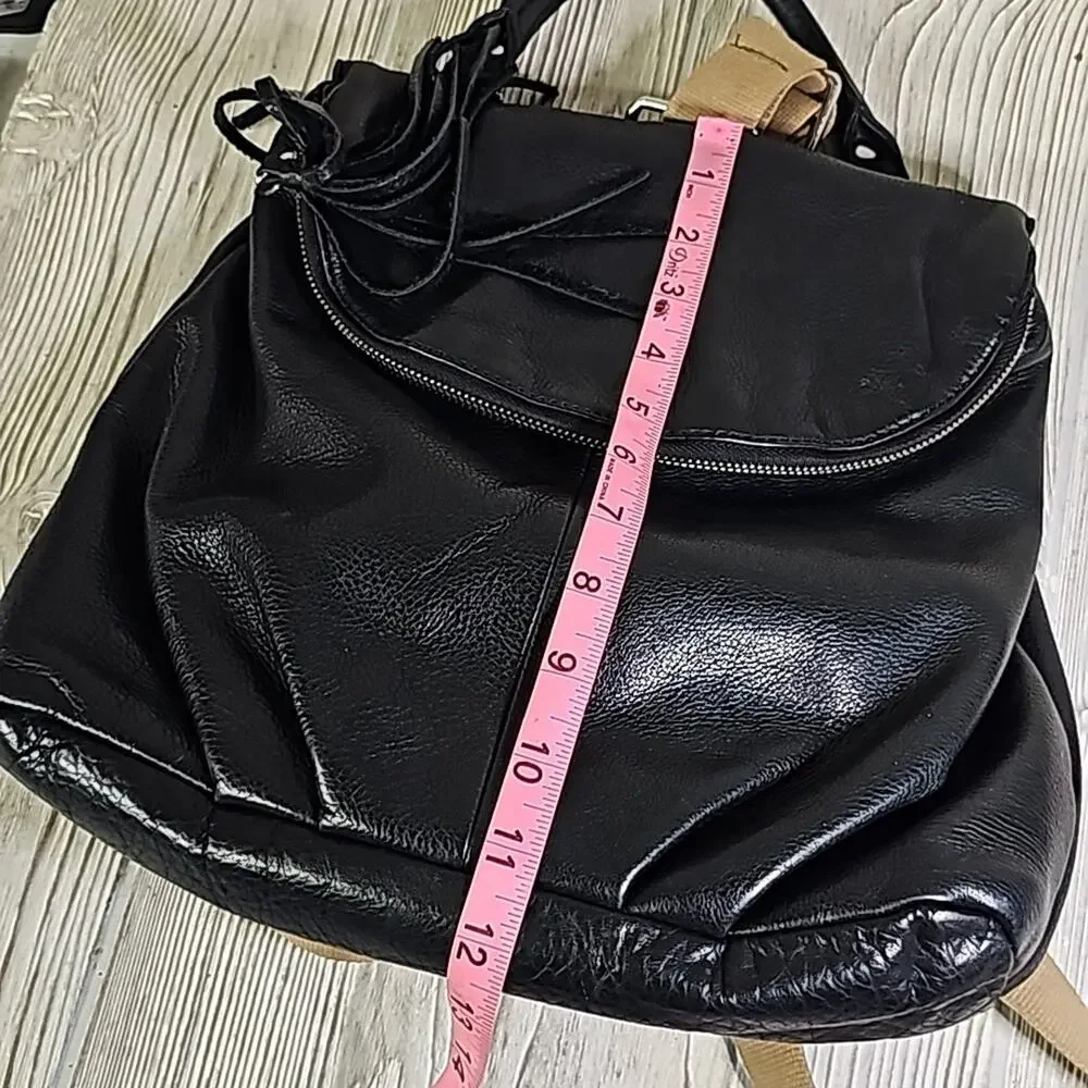 Margot Black Leather Zipper Flap Hobo Backpack Khaki Straps